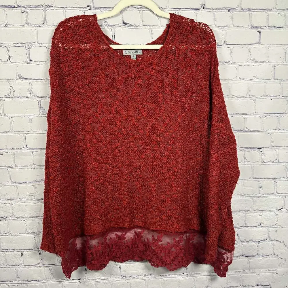 Olivia Sky Womens Lace Shoulder Blouse Flair Crimson Long Sleeve Shirt Size M - Picture 2 of 7